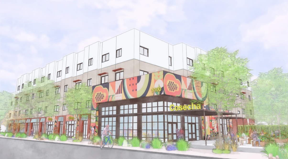 Cosecha exterior rendering with mural
